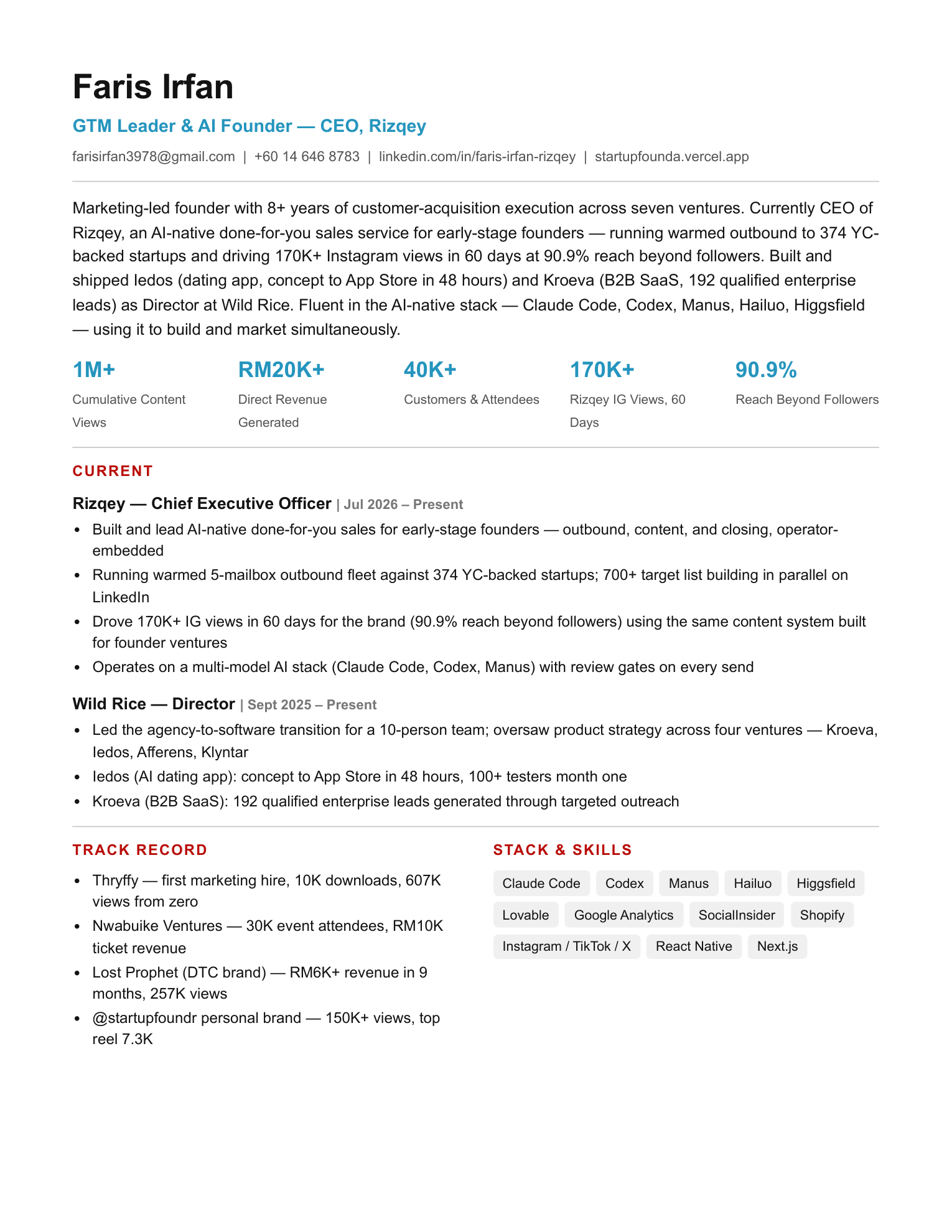 Faris Irfan — One-Pager, page 1